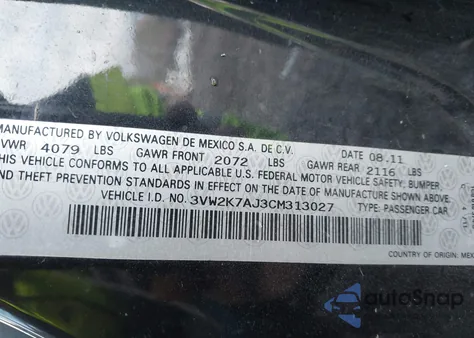 2012 Volkswagen Jetta 2.0L S from USA, damaged, VIN 3VW2K7AJ3CM313027